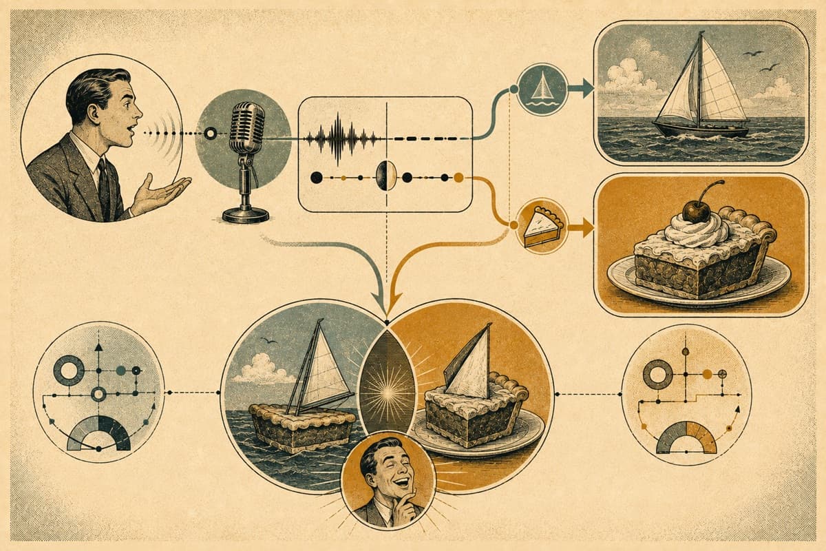 One sentence branches into two illustrated meanings connected by the same sound