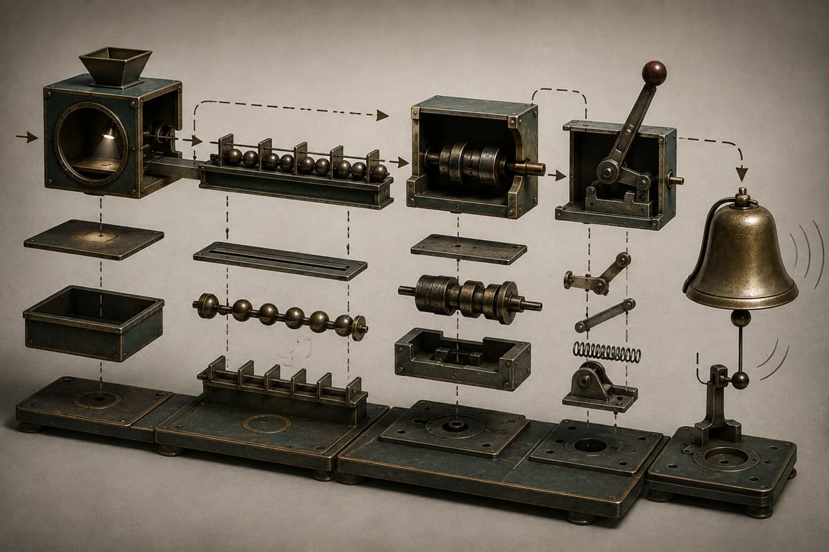 An exploded-view joke machine illustrates the mechanisms of comedy.