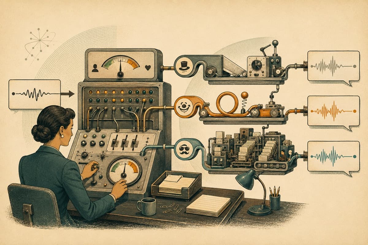 A message signal branches through three playful reply circuits at a vintage communications switchboard.