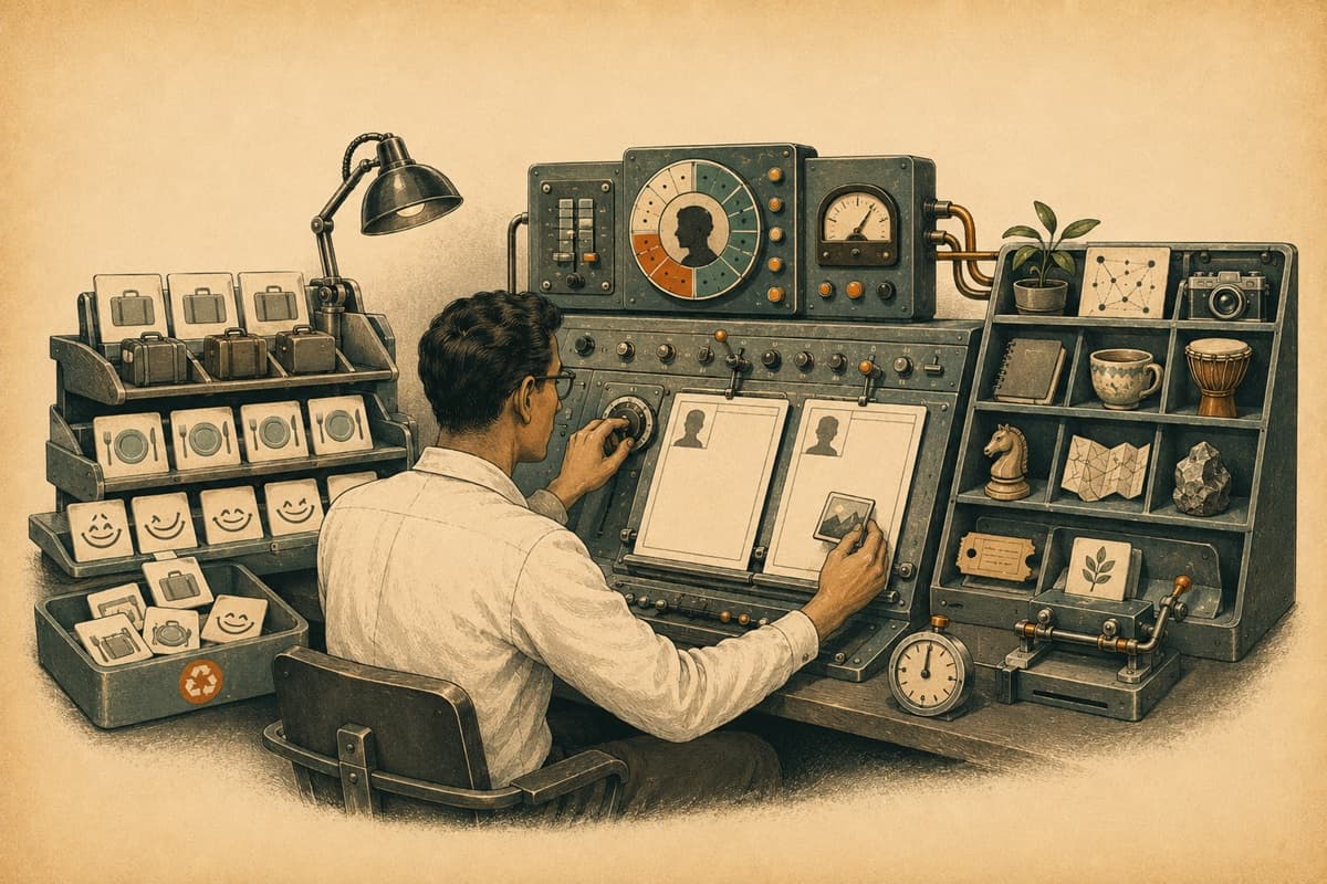 A writer replaces generic profile symbols with distinctive personal objects at a retro editing console.