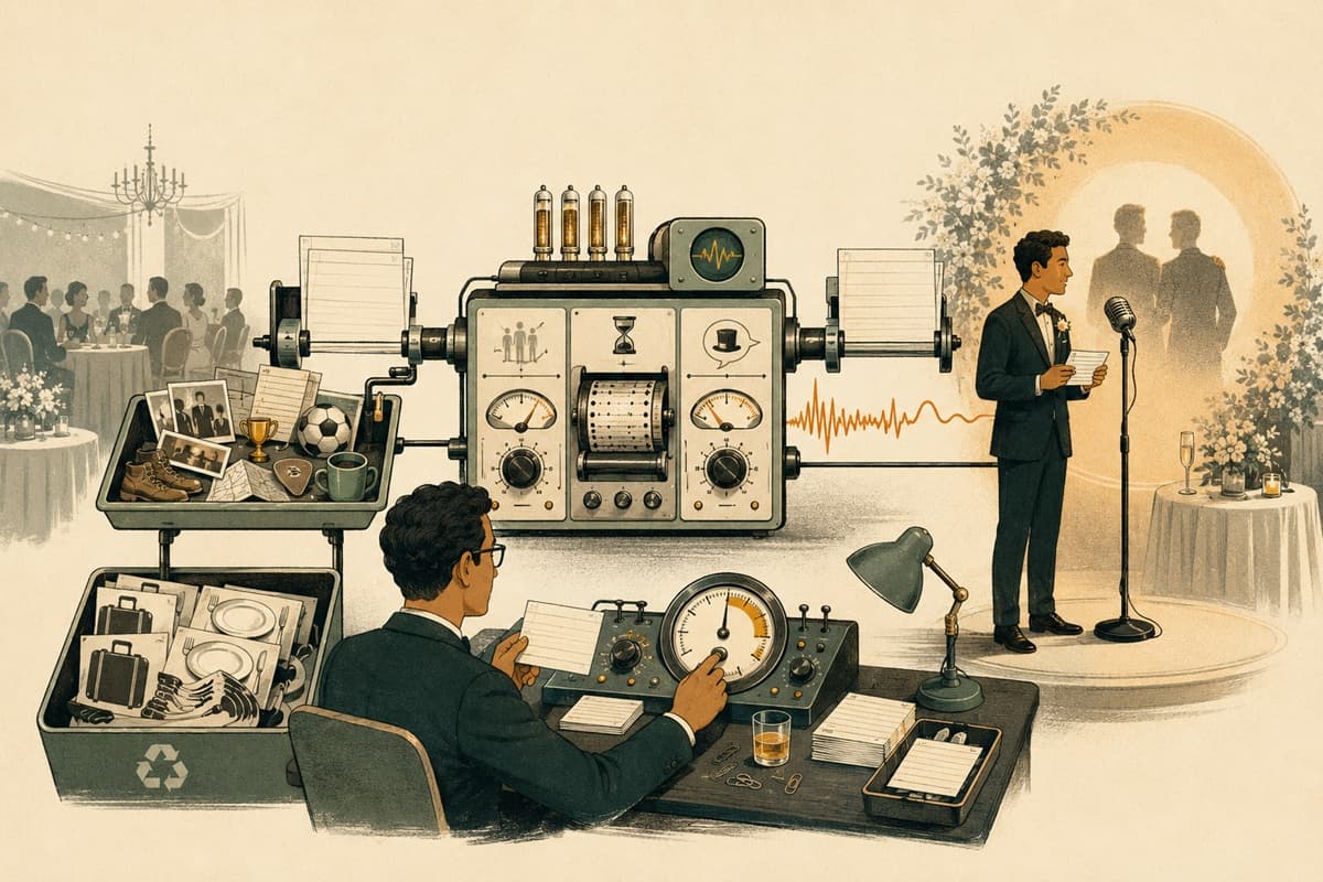 Memory cards pass through a toast-writing machine toward a microphone, timing gauge, and warm final spotlight.