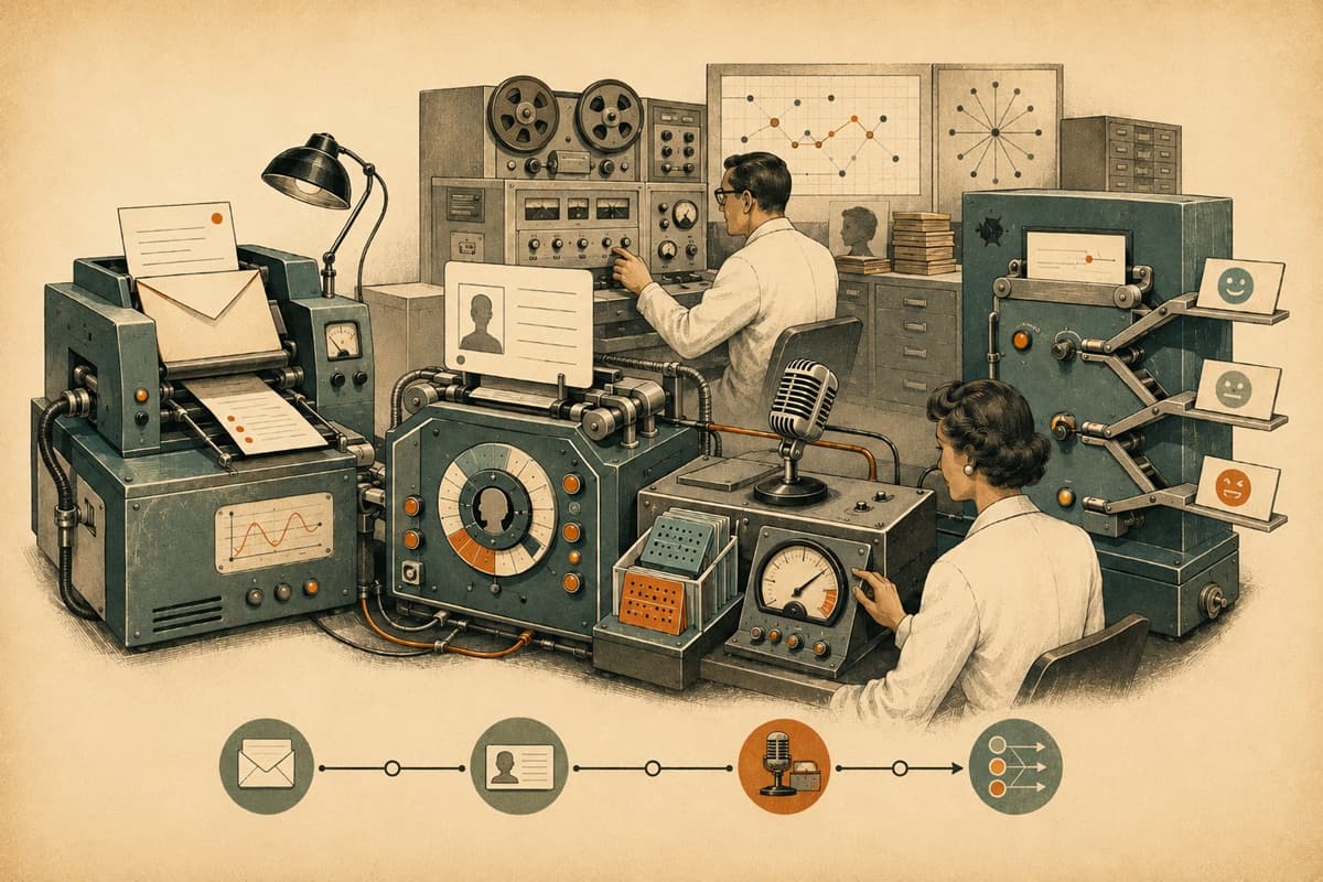 Four connected comedy-writing stations process an email, profile card, toast notes, and message through analog machines.