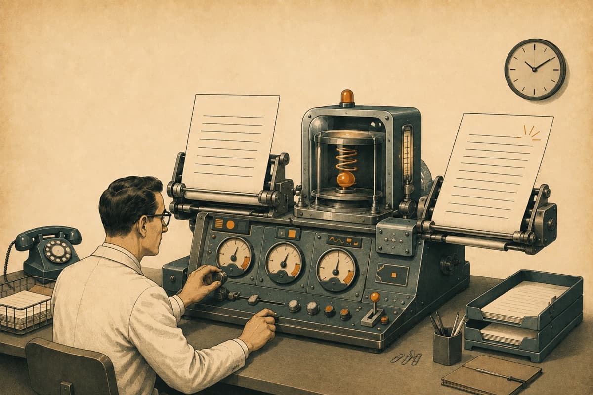 An office worker adjusts a vintage machine that transforms a stiff memo into a livelier draft.